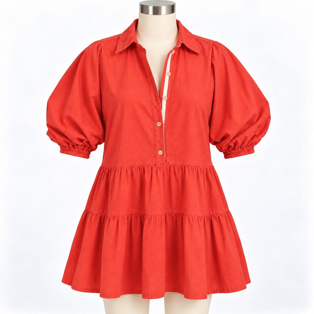 Free People Red Cotton Tiered Mini Shirt Dress Women's Small S Button Front